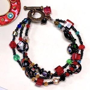 Black red bracelet multicolored fits wrist up to 7” green gold millefiori glass